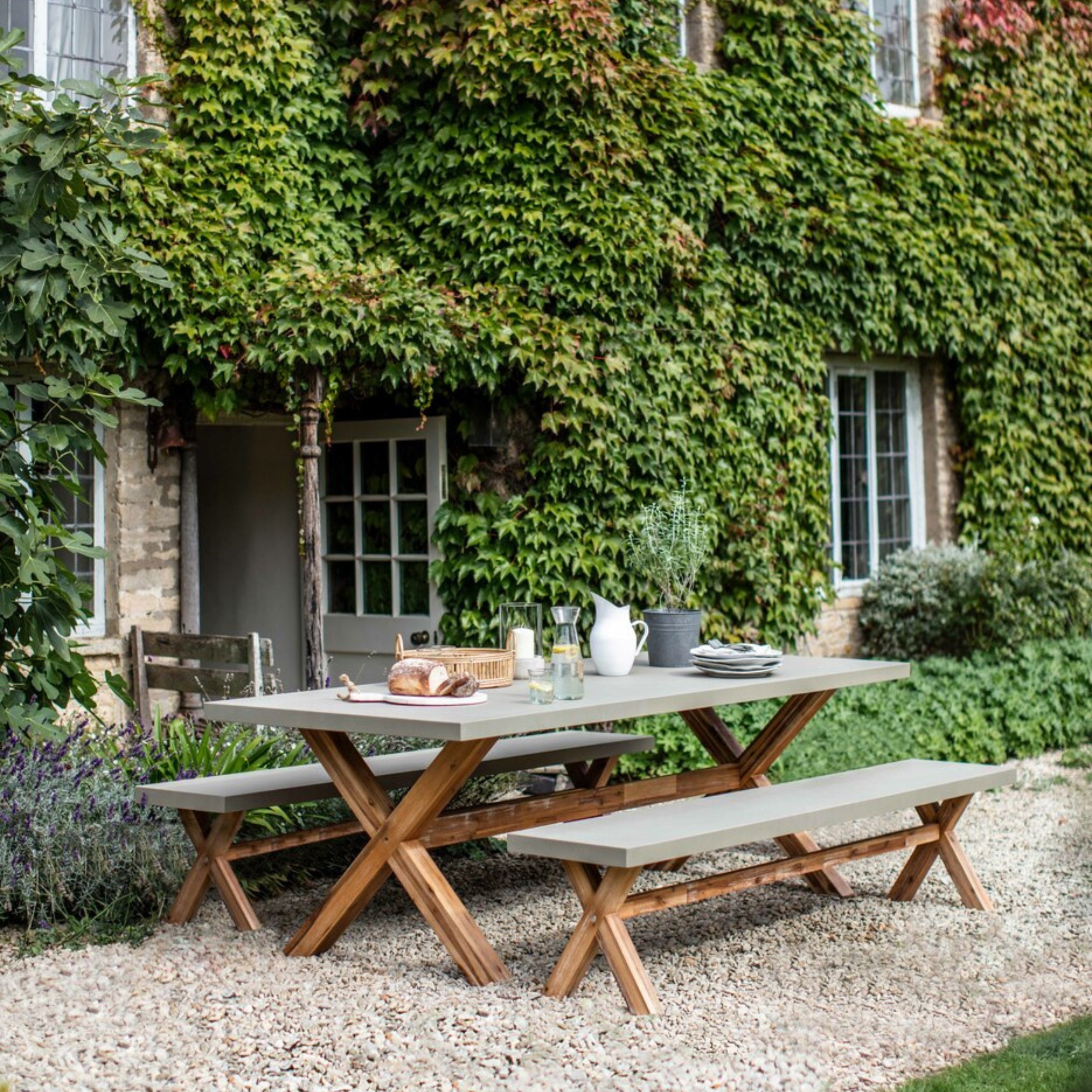 Burford Table & Bench Set – Acacia Wood & Polystone, Large