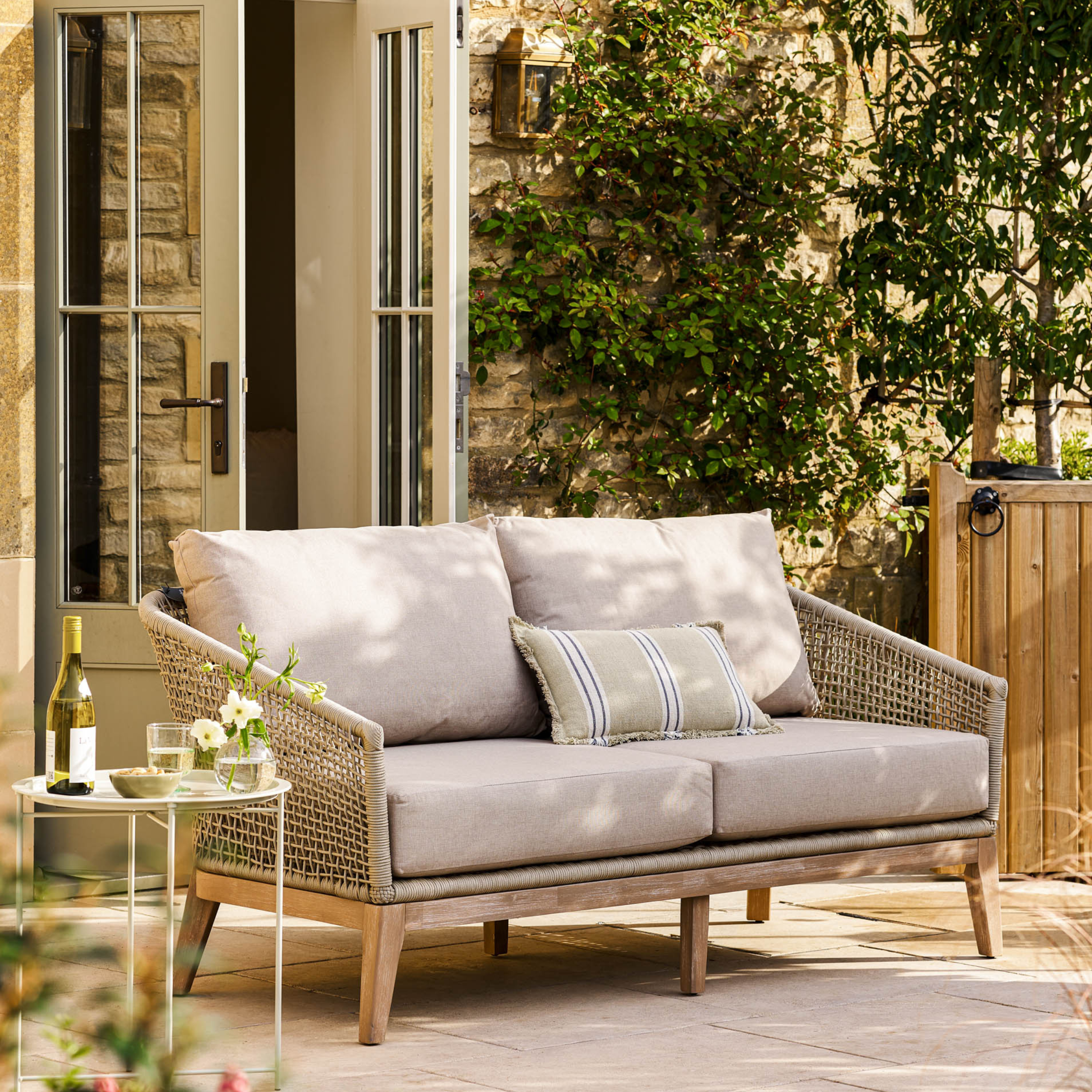 Lynton 2-Seater Outdoor Sofa – Acacia Wood & Grey Cushions