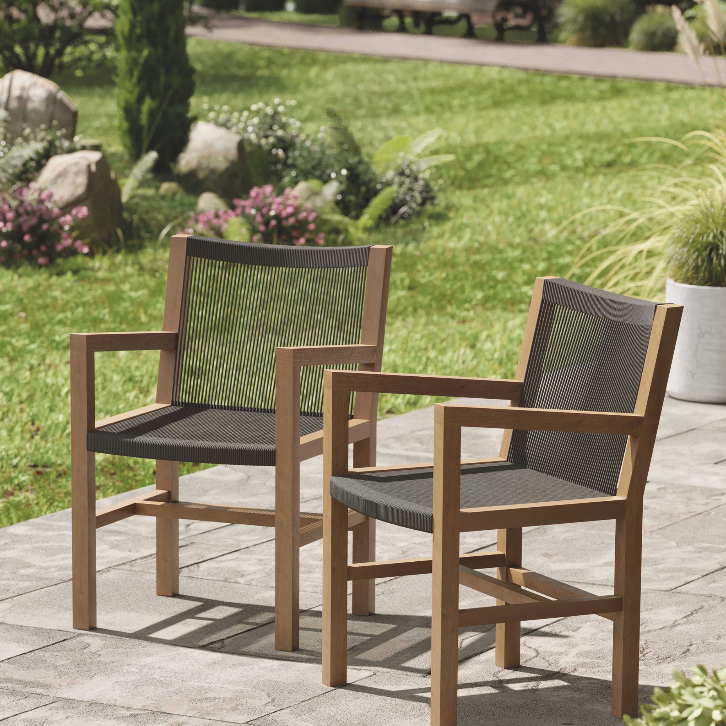 Mylor Dining Armchairs – Teak & Black Polyrope, Set of 2