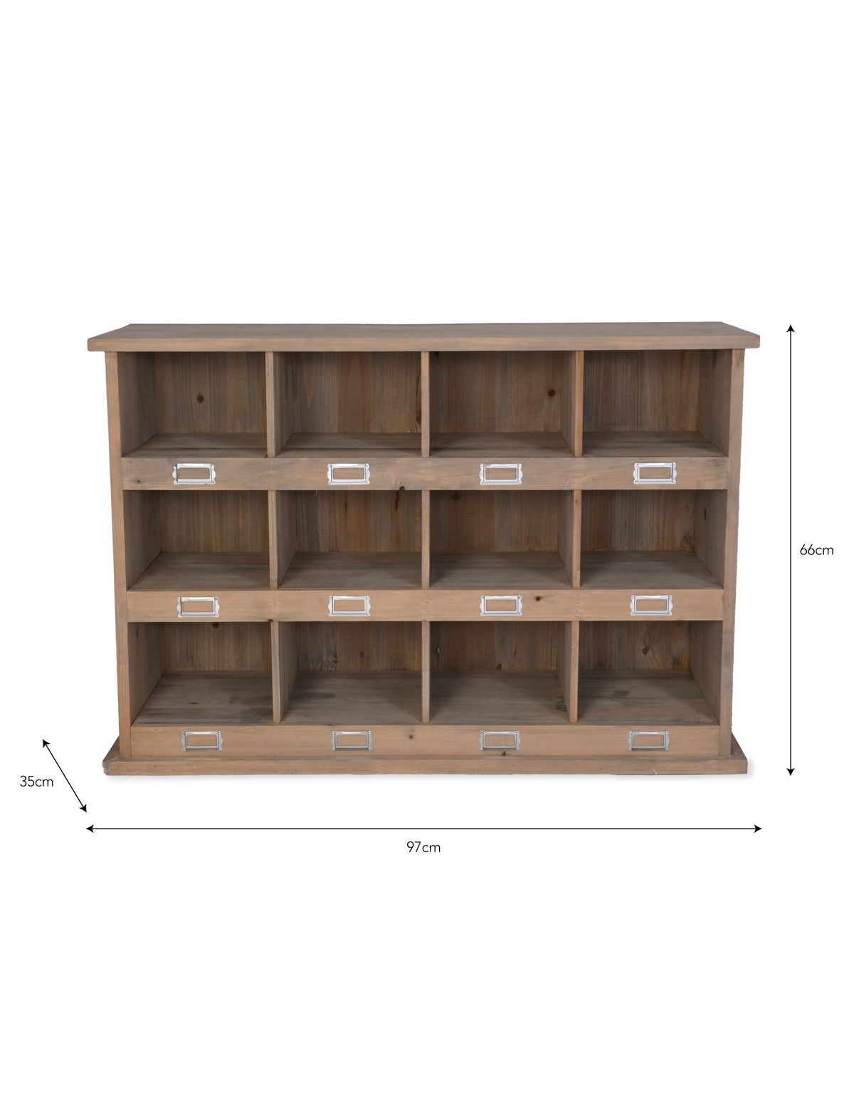 A wooden storage cabinet with twelve cubbies and five drawers, shown with dimension lines indicating 97cm width, 66cm height, and 35cm depth on a white background.