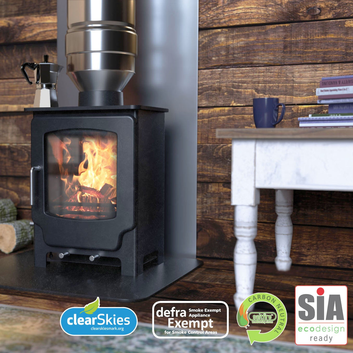 Wood-burning stove with visible flames in a rustic room setting, featuring logos for Salifire Scout, ClearSkies, Defra Exempt, and SIA.