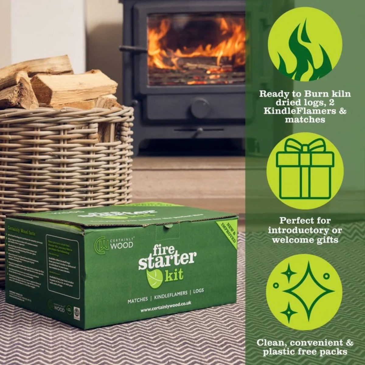 Kiln Dried Hardwood Starter Kit – Logs, Firelighters & Matches