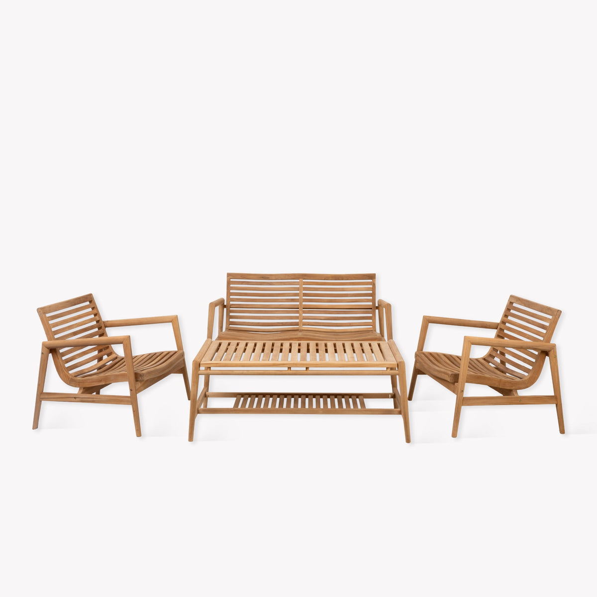 Three-piece outdoor wooden patio furniture set including a loveseat, two armchairs, and a small coffee table, shown on a plain white background.