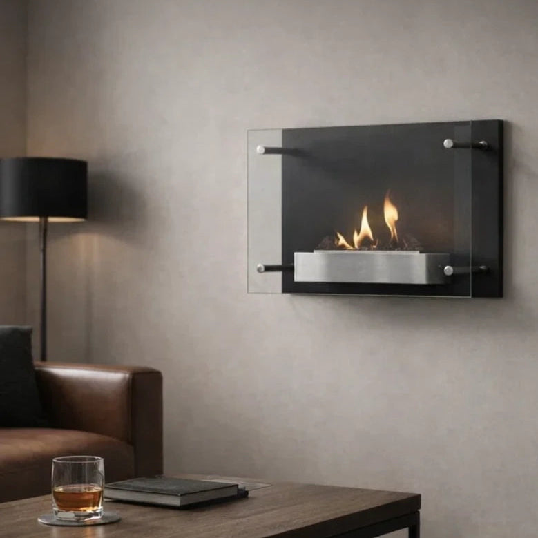 Modern living room with wall-mounted ethanol fireplace, brown leather sofa, and wooden coffee table.